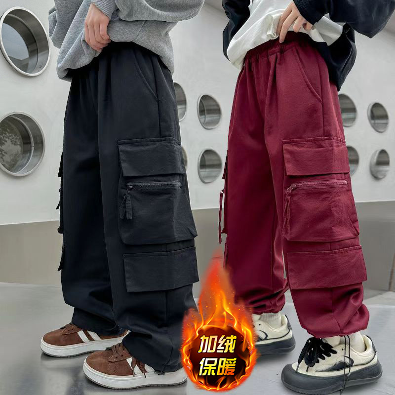 男童加绒工装裤春秋款2025新款中大儿童直筒裤子一体绒冬季长裤潮