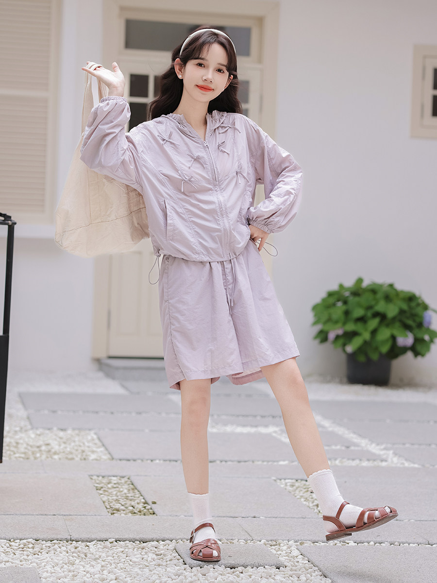 2024 봄 여름 긴급 대형 느슨한 얇은 후드 자외선 차단 자외선 차단 의류 카디건 코트 반바지 투피스 슈트