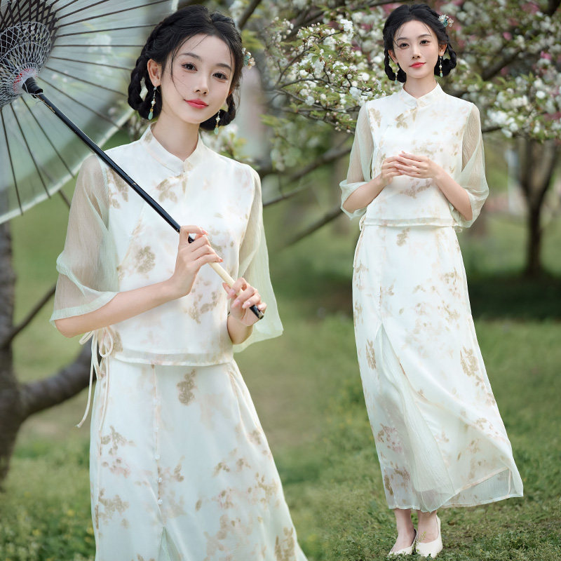 NEW CHINESE DRESS TWO-PIECE SET 2024 SUMMER YOUNG CHINESE STYLE RETRO BUCKLE PRINTED TOP SKIRT