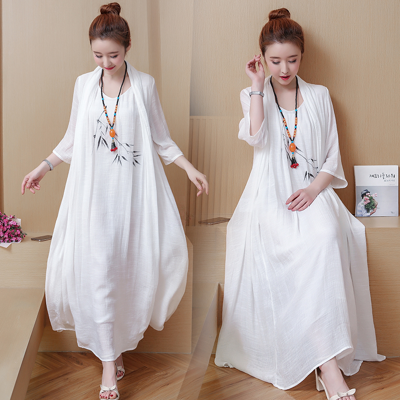 2022春夏款民族风女装大码女装宽松棉麻水墨印花假两件连衣裙套潮