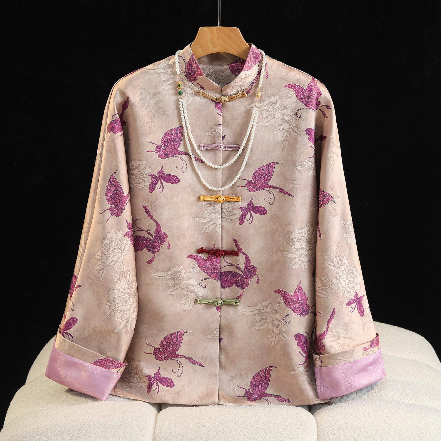 NEW CHINESE JACKET 2024 EARLY SPRING NEW HIGH-END NATIONAL STYLE RETRO SATIN PRINT BUCKLE TANG DRESS TEA TOP