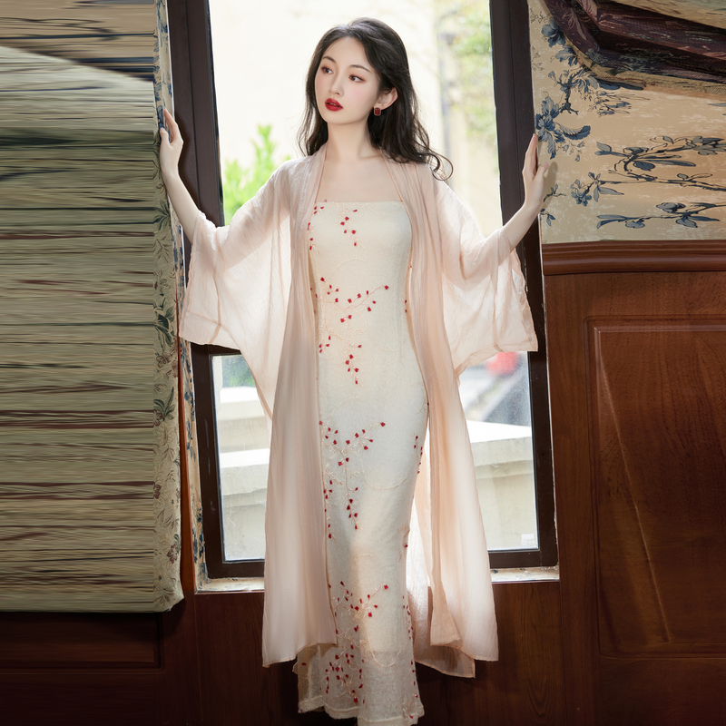 早秋新中式国风复古绣花吊带连衣裙中式禅意棉麻防晒开衫两件套装