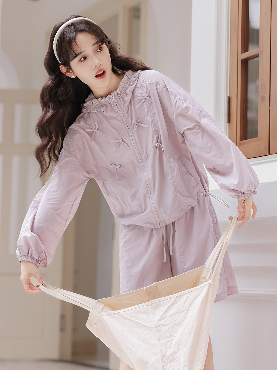 2024 봄 여름 긴급 대형 느슨한 얇은 후드 자외선 차단 자외선 차단 의류 카디건 코트 반바지 투피스 슈트