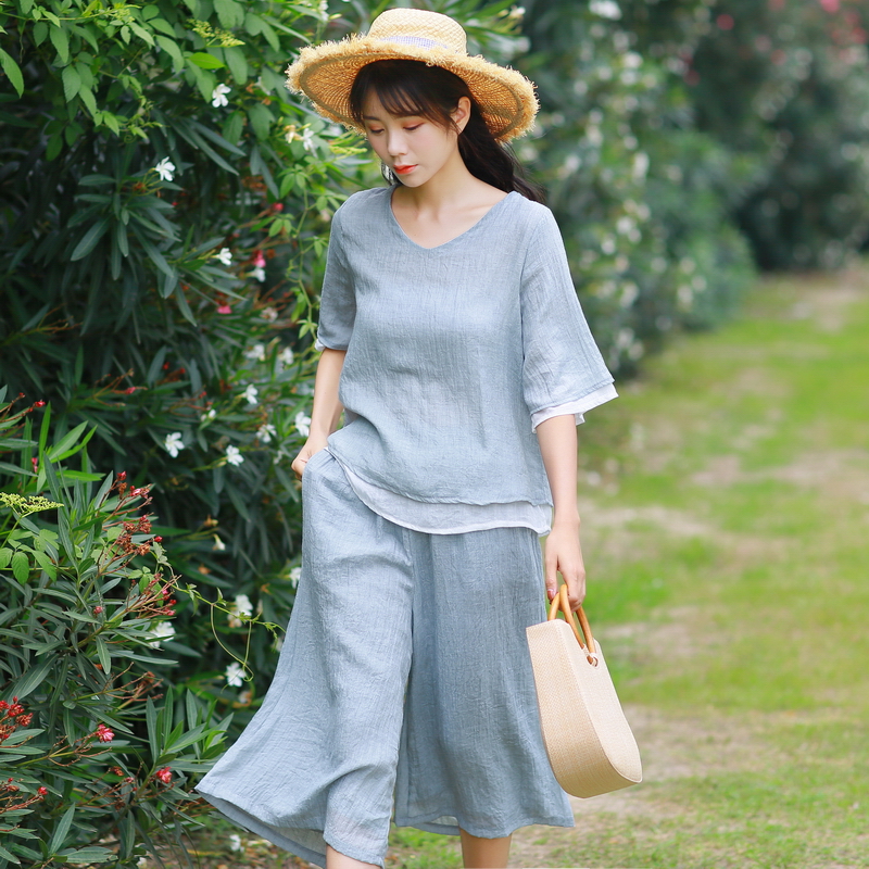2022夏装文艺复古风学生双层棉麻薄纱上衣+七分阔腿裤套装禅服女