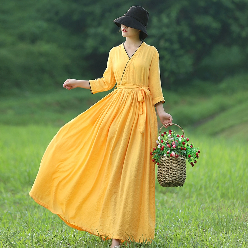 2021 mùa xuân mới cộng với kích thước phụ nữ văn học váy cổ v cổ điển mùa xuân và mùa thu hanfu cải tiến váy dài giả - Váy dài