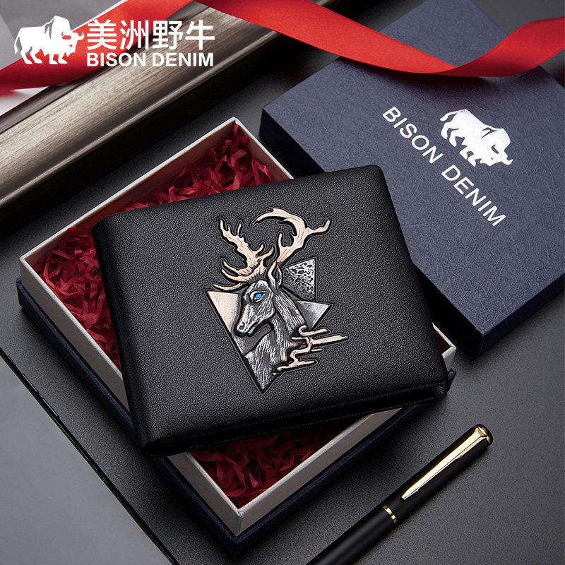 美洲野牛钱包男多卡位头层牛皮手拿包潮商务休闲男士短款钱夹卡包