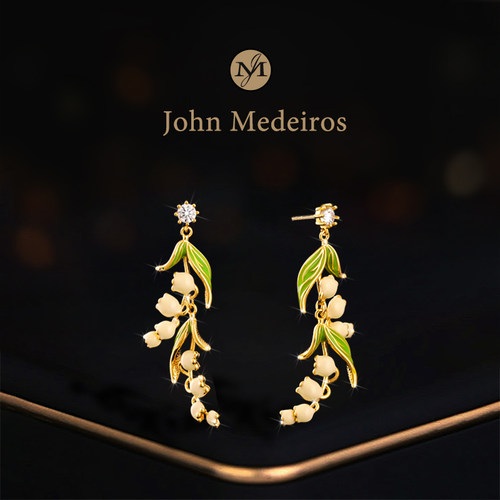 意大利john medeiros幸运铃兰花开耳钉高级感轻奢女珐琅领针耳环