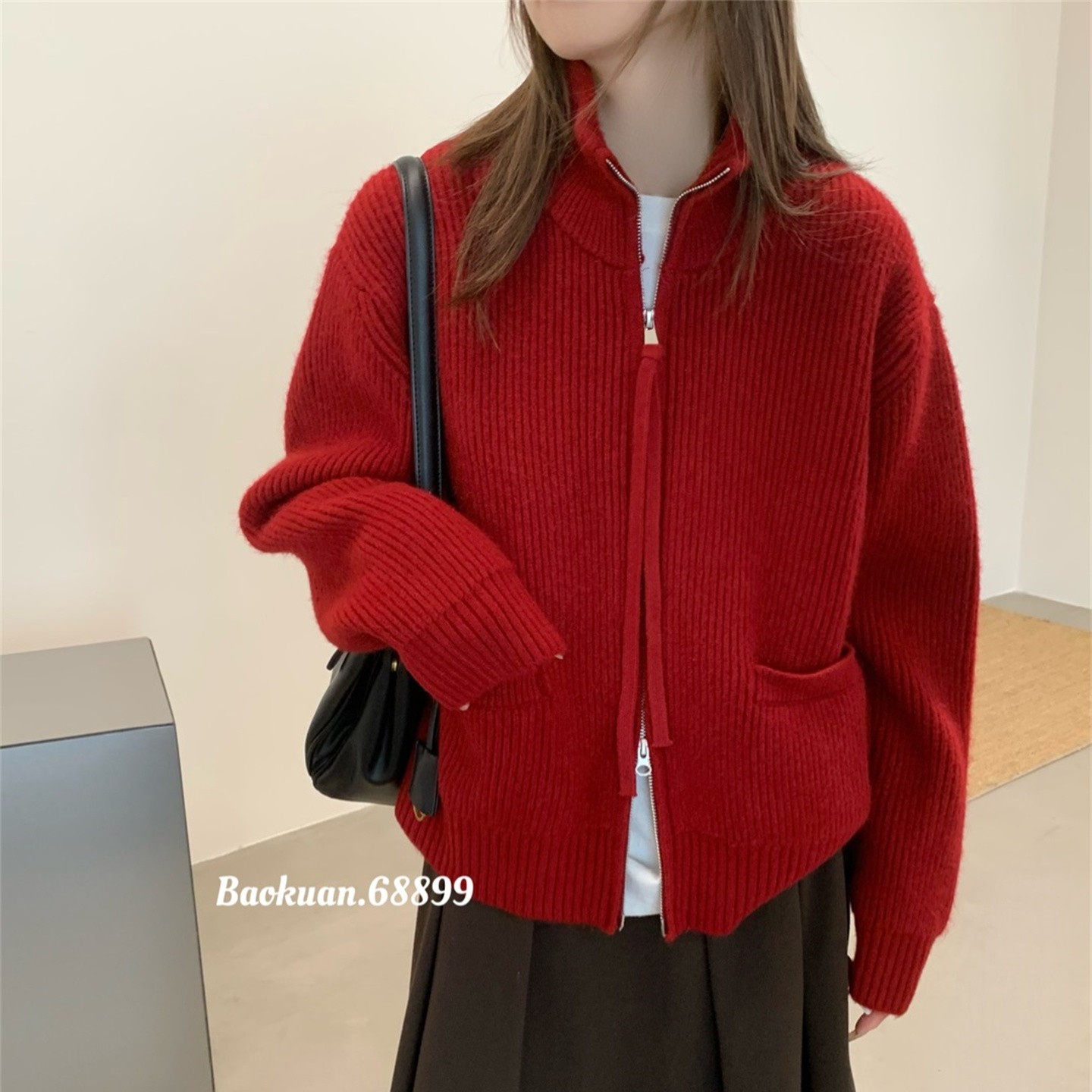 韩版红色立领拉链针织开衫女25冬季新款宽松百搭柔软保暖毛衣外套