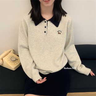 韩版翻领刺绣针织衫女2025冬季新款宽松百搭显瘦套头时尚毛衣上衣