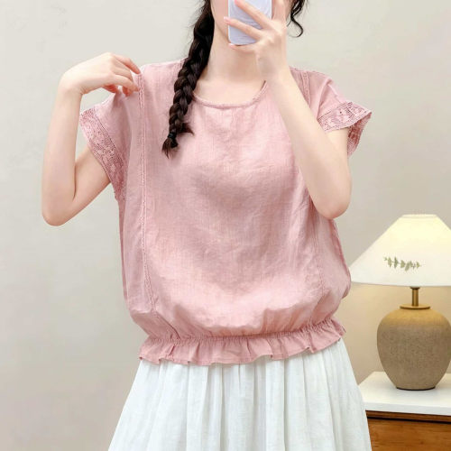 夏季文艺苎麻短袖荷叶边衬衫女夏