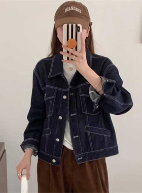 IPT复古牛仔外套女短款 2026年春季新款翻领宽松显瘦减龄夹克上衣