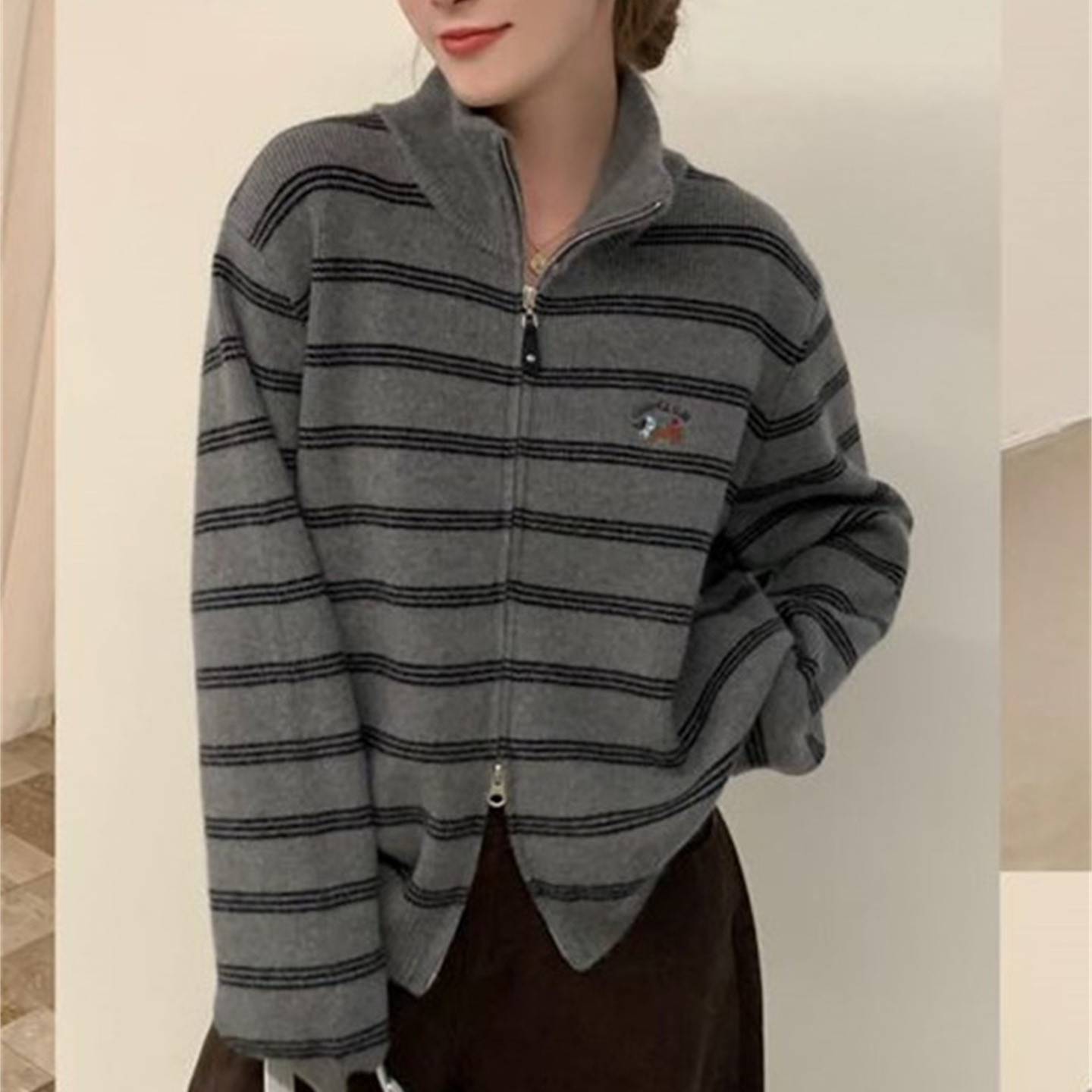 韩版条纹拉链立领宽松毛衣开衫女