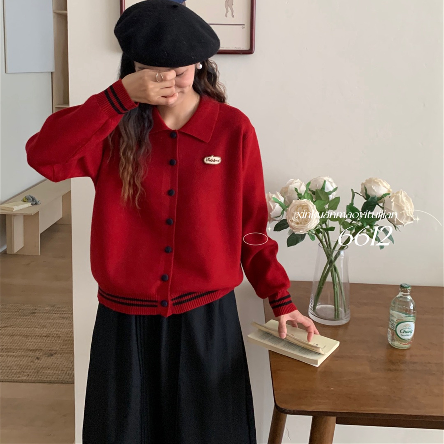 韩版翻领针织开衫女秋季宽松显瘦