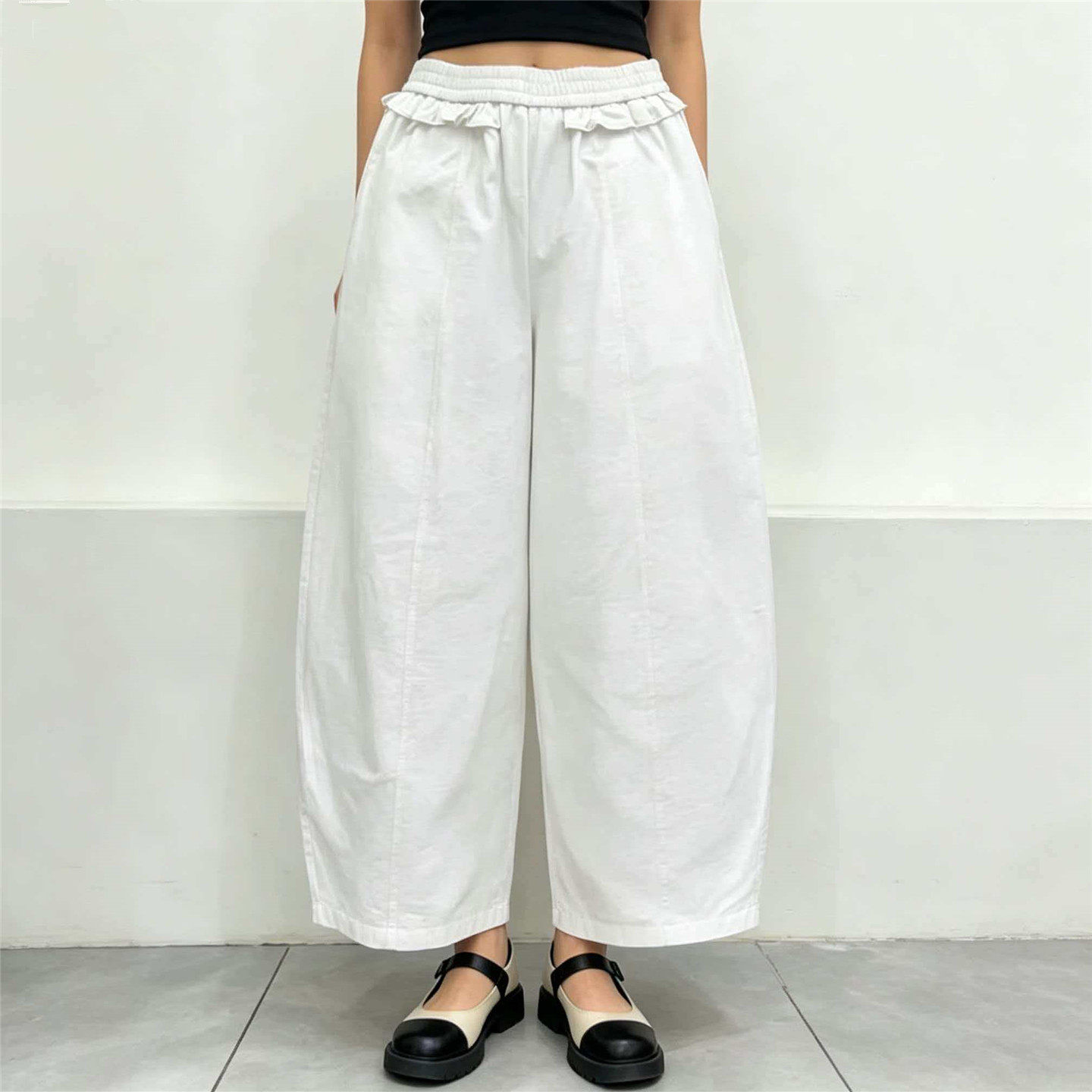 韩版休闲阔腿裤女夏季新款纯棉高腰显瘦宽松花边九分裤白色松垮裤