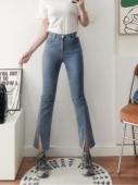 显瘦舒服 微喇裤 新款 春秋棉弹力高腰前开叉女牛仔长裤