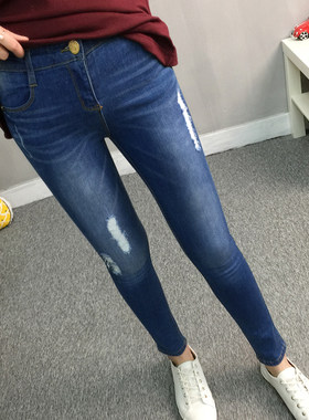 大爱破洞款  弹力高腰显瘦女式小脚牛仔裤  原单高品质