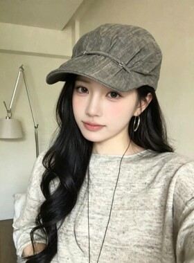 日系个性绑带设计亚麻前进帽女秋季休闲帽子百搭显脸小鸭舌报童帽