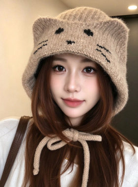 韩系可爱猫耳绑带针织帽子女冬季大头围保暖护耳百搭显脸小毛线帽