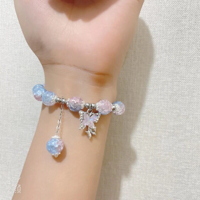 热卖森系蝴蝶琉璃手链手工串珠女ins小众闺蜜手串冰裂碎花珠串珠