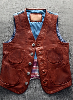 新品真皮马甲男复刻RRL2015老款西部牛仔马甲山羊皮配手织布坎肩