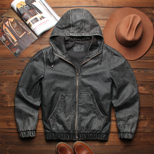 美式 轻薄抓纹牛皮街头宽松夹克外套 复古做旧连帽真皮皮衣男女同款