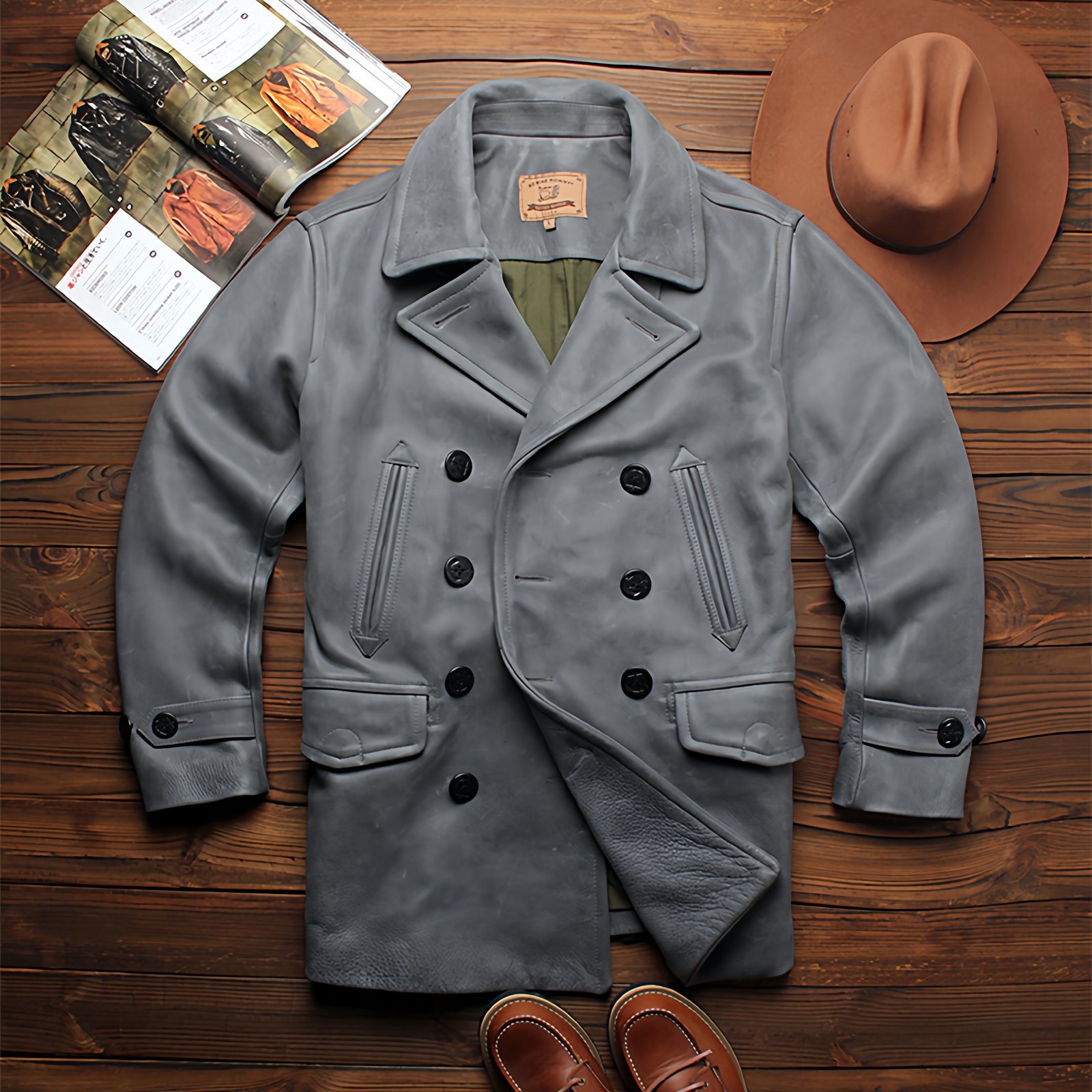 重磅蜡感牛皮海军740中长皮大衣