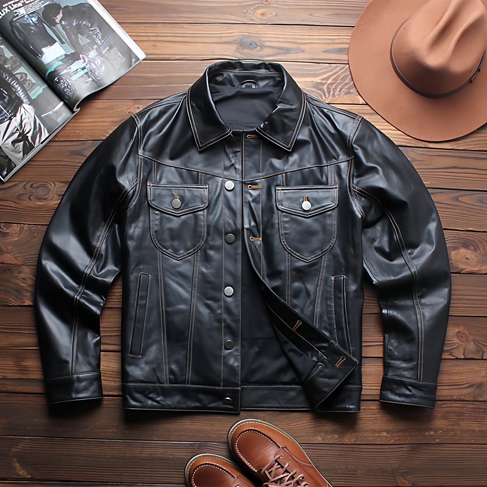 薄款山羊皮翻领牛仔款皮夹克外套