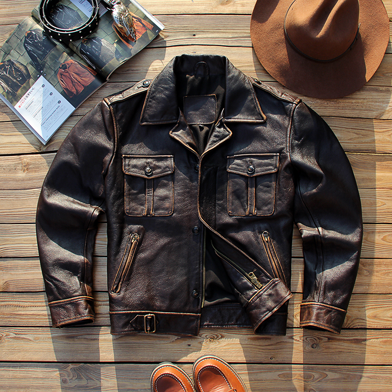 英伦P37复古做旧西服领皮夹克