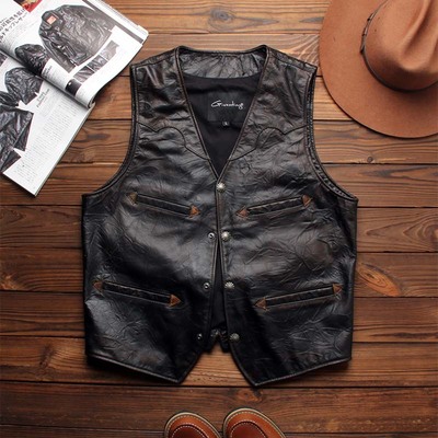 擦色做旧手抓纹牛皮背心皮坎肩