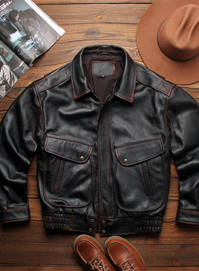 港风复古真皮皮衣男A2飞行服头层牛皮擦色做旧夹克大码阔版皮夹克
