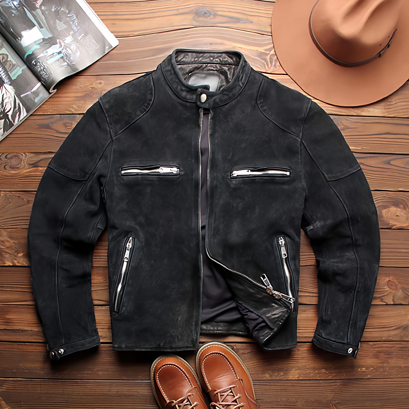 日系复古植鞣羊皮立领短款皮夹克