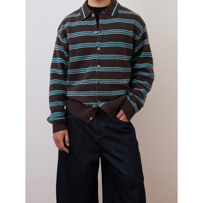 100%羊毛复古条纹男针织开衫