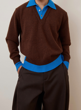 COLOUR U SOUL 100%羊毛假两件撞色polo领针织衫男秋冬毛衣外套