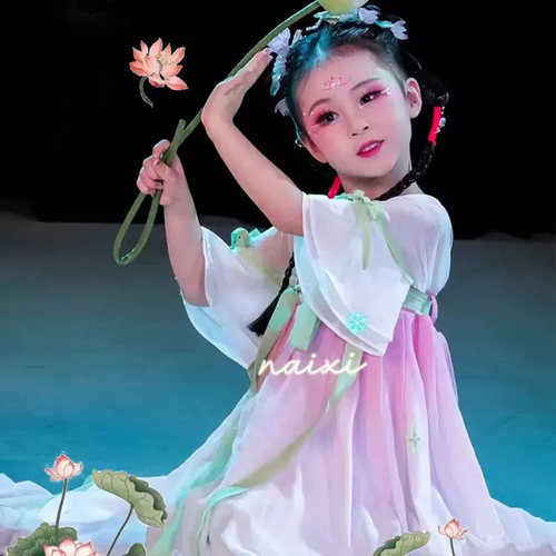 儿童汉服江南可采莲演出服古装连衣裙新款中国风襦裙古典舞蹈表演