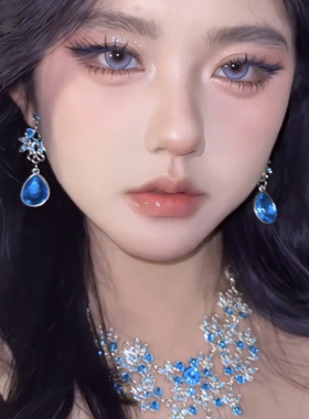 韩式新款蓝色花朵项链女轻奢小众设计感锁骨链高级感气质耳钉套装