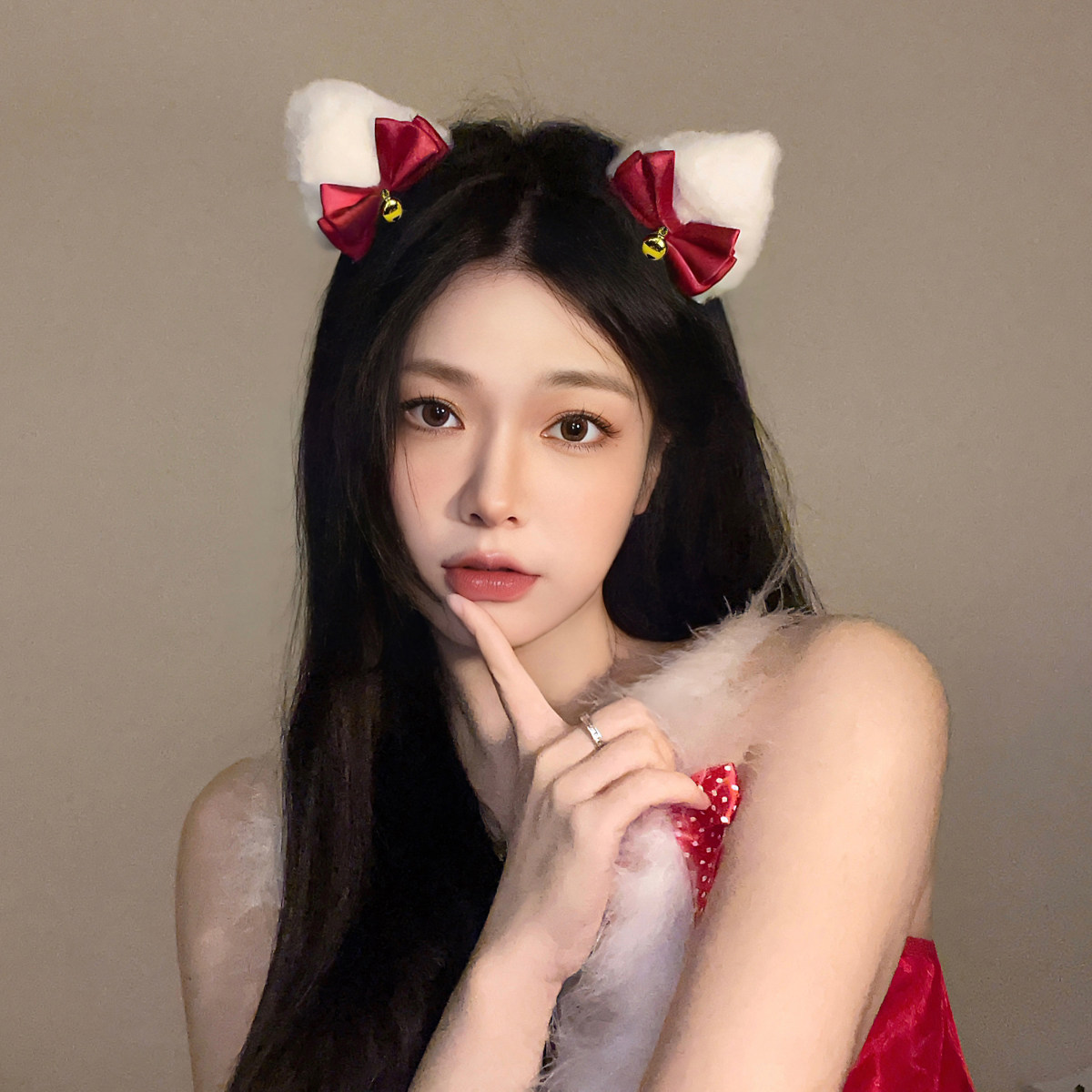 可爱毛绒铃铛猫耳朵发夹女圣诞节红蝴蝶结猫咪顶夹发饰新年装饰