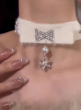 冬日蝴蝶结雪花仿珍珠项链女超仙