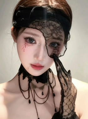 暗黑系黑色蕾丝颈链女多层