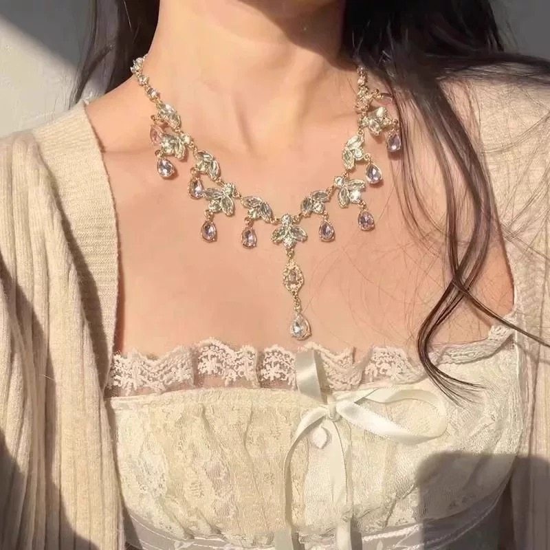 宫廷风超闪粉色仿水晶流苏项链女高级感优雅礼服锁骨链小众颈链