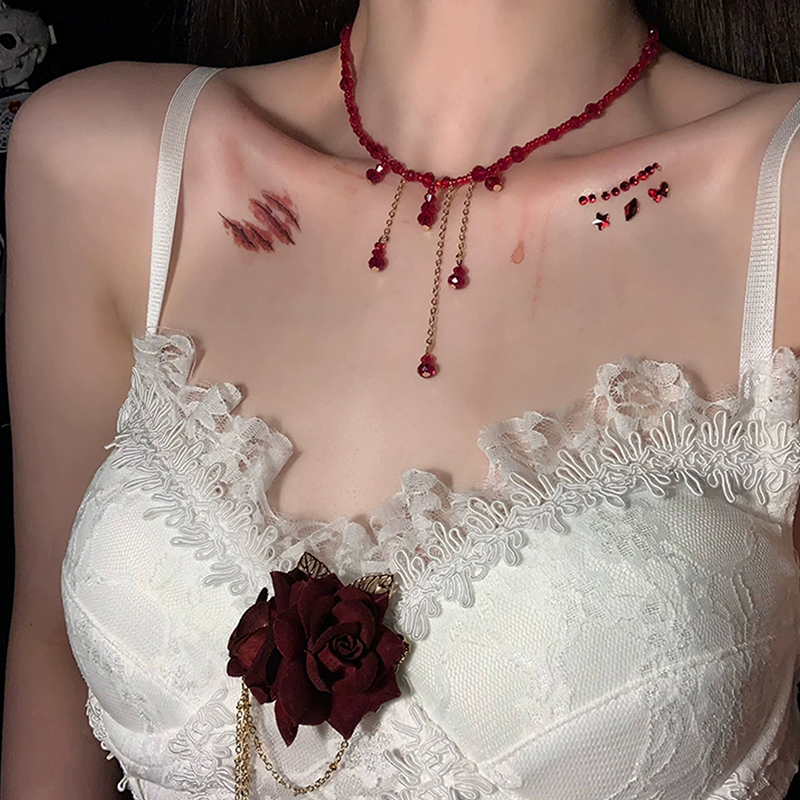 复古红色仿水晶串珠流苏choker万圣节项链氛围感高级感锁骨链颈链
