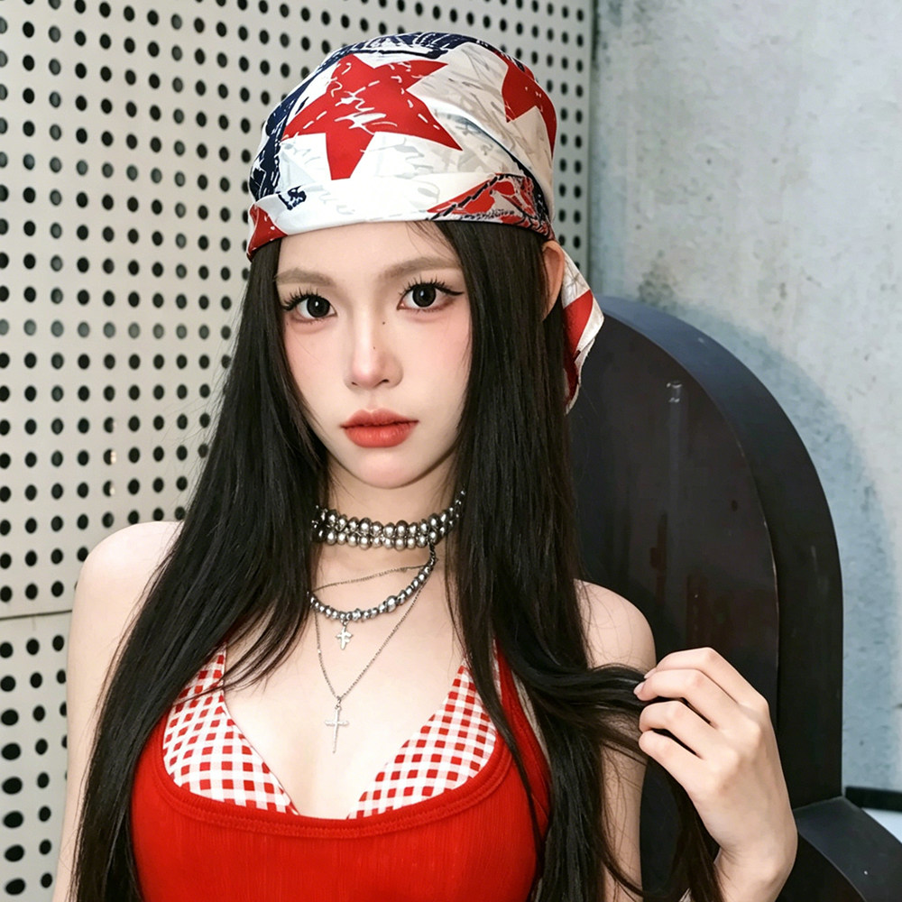 美式辣妹五角星头巾嘻哈街舞抹胸叠穿屁帘丝巾女个性辣妹系脖方巾
