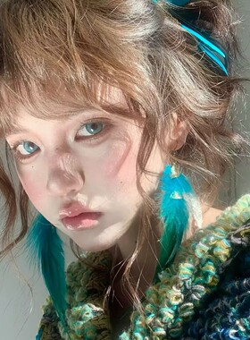 新中式蓝色羽毛流苏耳环女