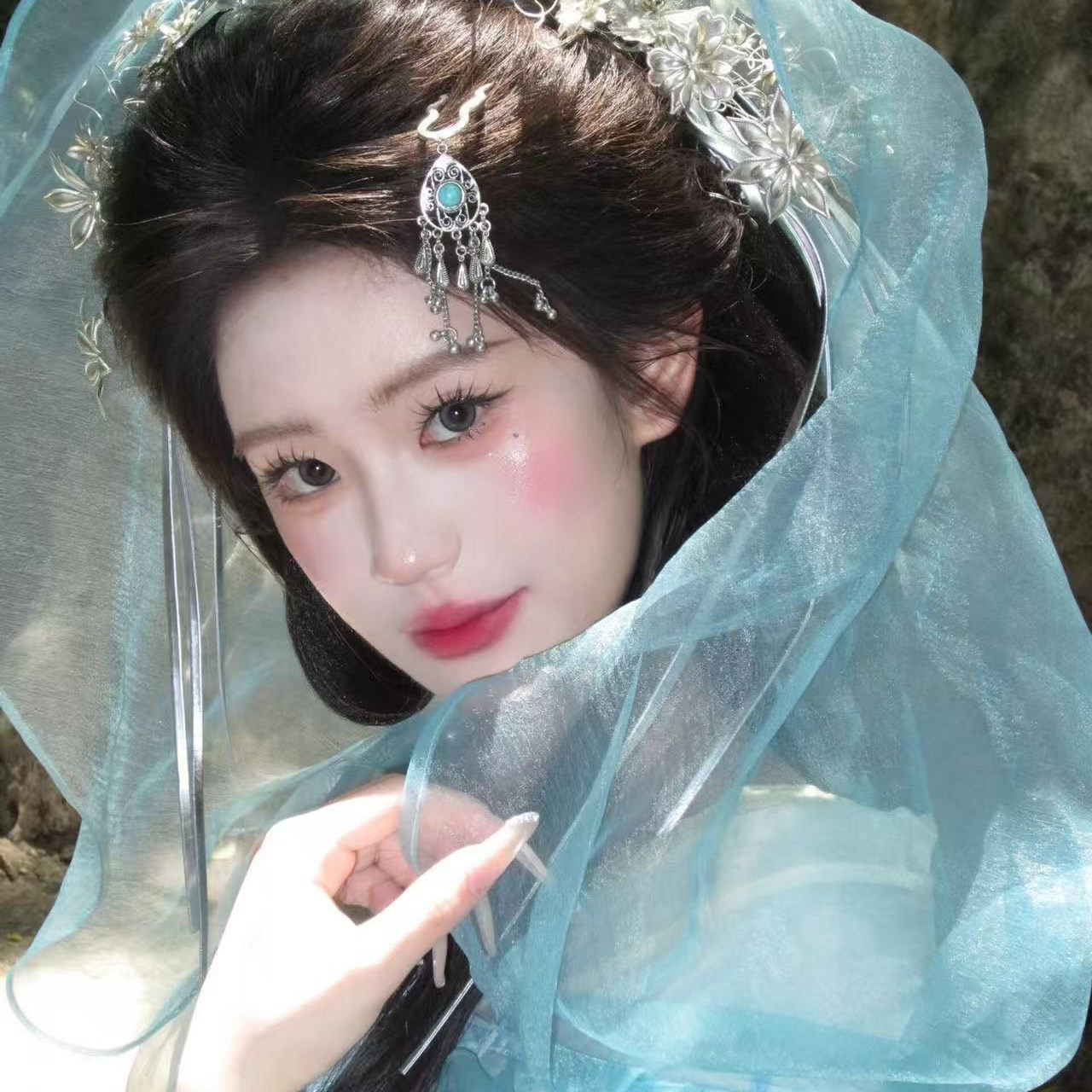 清冷感古风蓝色长流苏步摇发钗国风做旧战国袍掩鬓汉服U型簪头饰