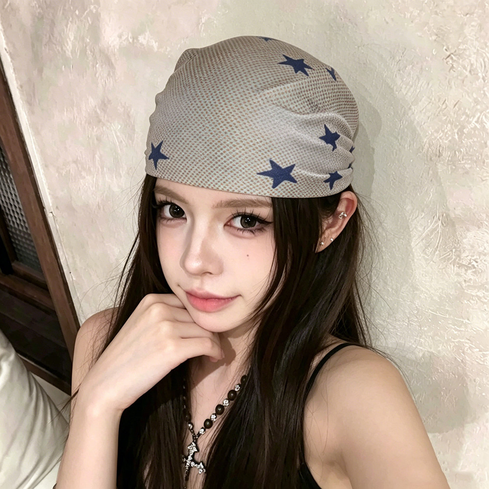 时髦个性ins风春夏星星头巾女设计高级感围巾百搭仿真丝方巾潮流