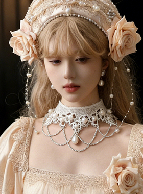 法式复古白色仿珍珠蕾丝项链