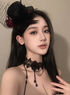 哥特风红玫瑰羽毛网纱发夹发饰