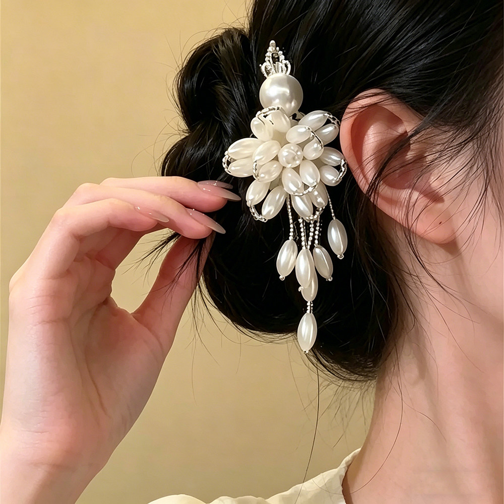 新中式仿珍珠花朵流苏发夹女古风旗袍侧边夹优雅气质发卡碎发头饰