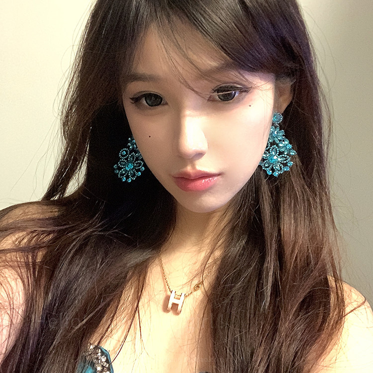 夸张蓝色镶钻花朵环女欧美轻奢高级小众气质耳坠复古贵气优雅耳饰