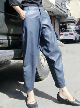 皮裤女时尚新款复古高腰百搭秋冬pu皮哈伦裤外穿九分裤显瘦韩版潮