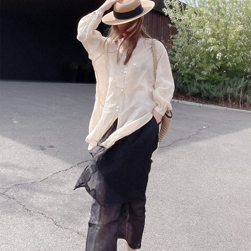 宽松休闲单排扣长袖亚麻衬衫